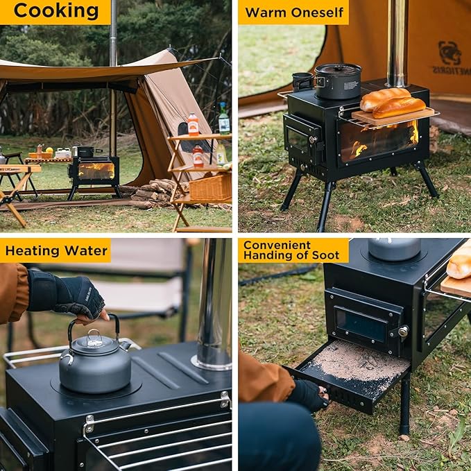 Outdoor Camping Stove Camp Tent Stove, Portable Wood Burning Stove with Chimney Pipe for Tent, Shelter, Camping Heating and Cooking (Pipe Diameter: 2.95")