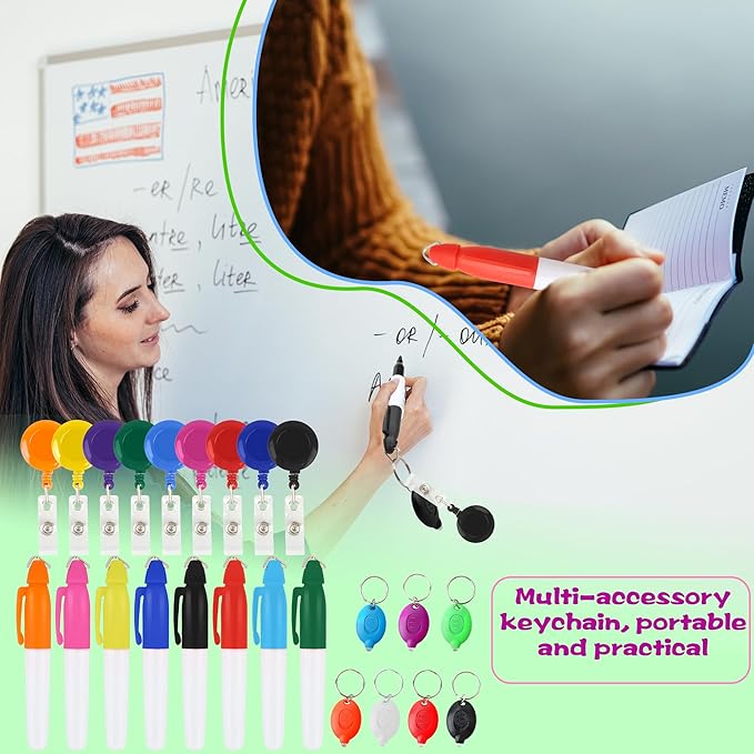 24 Pcs Mini LED Keychain Flashlights Permanent Marking Pens Badge Reel Mini LED Keychain Black Keychain Marker Pen
