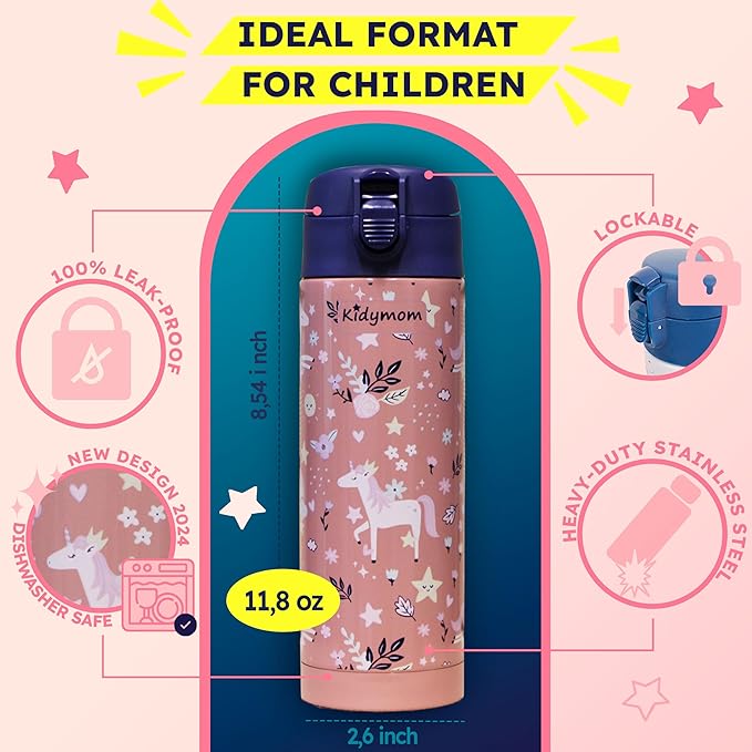Stainless Steel Water Bottle Kids 12 oz With Carrying Pouch| Insulated Water Bottle For Kid, Toddler, Girls or Teen | Leakproof, BPA-Free |Little Metal Tumbler for School, Pink Unicorn Girl