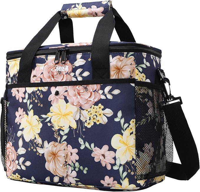 MIER 18L Large Soft Cooler Insulated Picnic Bag for Grocery, Camping, Car, Navy with Flower
