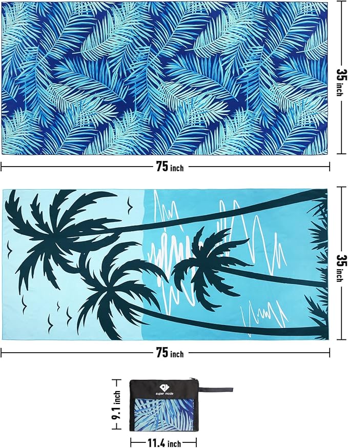 2 Pack Microfiber Beach Towel, Oversized Microfiber Pool Towel 75”x 35”, Sand-Free Beach Towel, Quick Drying Camping Towel, Super Absorbent Bath Towel Blanket, Soft Breathable and Lightweight