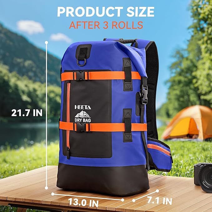 HEETA Waterproof Dry Bags Backpack 40L for Men & Women, Roll Top Heavy Duty Cushioned Hiking Backpack for Kayaking Boating Paddle Boarding Fishing Travel Camping Beach Vacation Cruise Ship Essentials