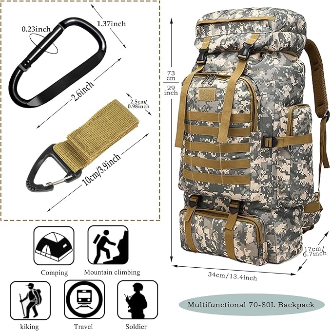 70L Waterproof Hiking Daypack Large Hiking Backpack, Hunting Camping Rucksack Backpack for Men Outdoor Sports Backpack (Urban Camouflage)