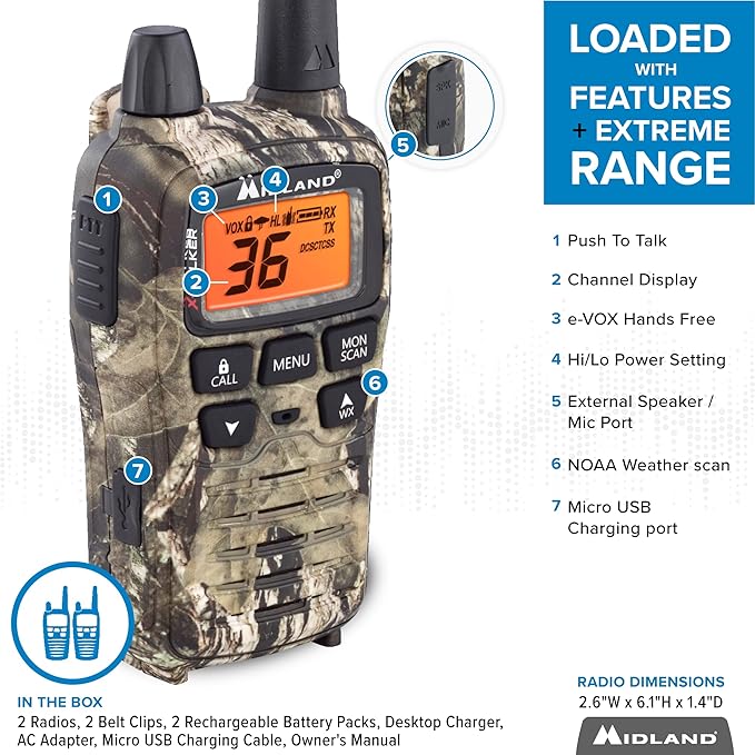 Midland® - T75VP3 - 36 Channel FRS Two-Way Radio - Long Range Walkie Talkie, 121 Privacy Codes, & NOAA Weather Scan + Alert - Mossy Oak Camo - Set of 2