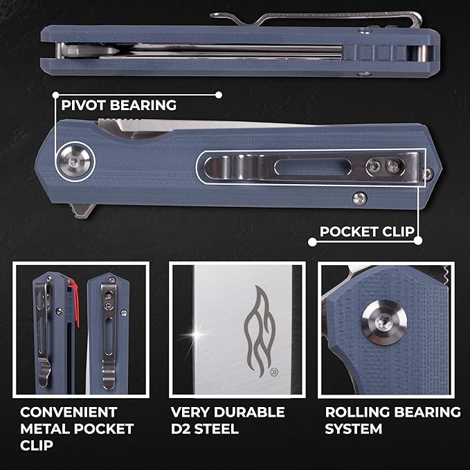 Firebird GANZO FH11S-GY Pocket Folding Knife Ball Bearing D2 Steel Blade G10 Anti-Slip Handle with Clip Hunting Fishing Gear Camping Outdoor Folder EDC Pocket Knife (Gray)