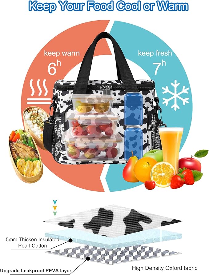 Femuar Lunch Bags for Women/Men, Insulated Lunch Bag for Work Office - Lunch Cooler Bag Leakproof Lunch Box with Adjustable Shoulder Strap - Cow print