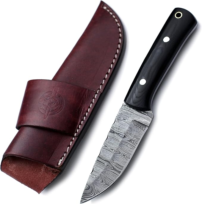 Handmade Damascus Steel Knife for Hunting,Survival,Camping,Bushcraft,and Fishing Fixed Blade with Drop Point Full Tang Micarta Handle,-with Cowhide-Leather Sheath - WKD-790