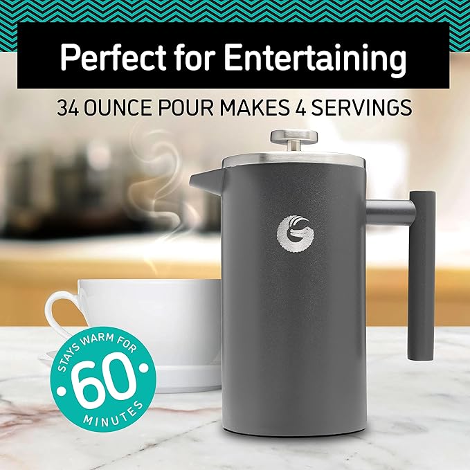 Coffee Gator French Press Coffee Maker 34oz, Double Insulated Stainless Steel Brewer plus Travel Jar Canister, Portable Hot Cold Brew Teapot Cafetera for Coffee Bar Accessories Kitchen Camping, Silver