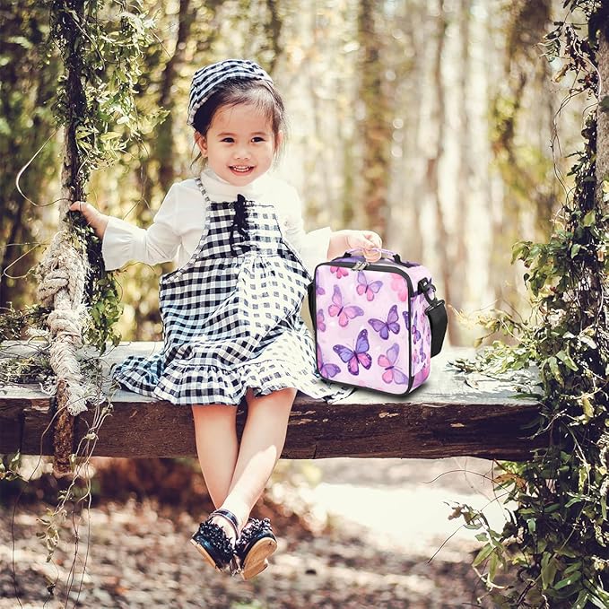 Pardick Butterfly Kids Lunch Bag Purple Insulated Lunch Box Mini Cooler Back to School Thermal Meal Tote Kit Bento Tote Bags Thermal Lunchbox for Boys Girls