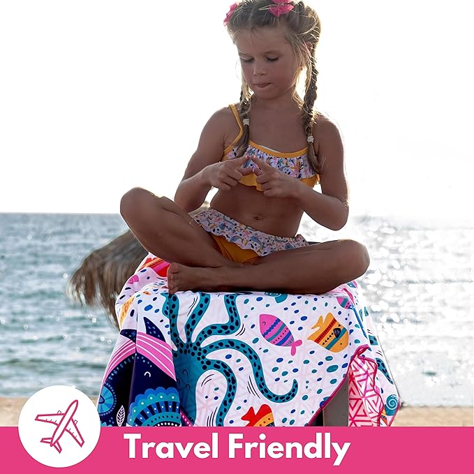 ECCOSOPHY Microfiber Kids Beach Towels & Pouch 60"x30" for Girls & Boys - Quick Dry Pool Towels - Sand Free Beach Blanket for Travel - Camping - Vacation - Toallas Playas