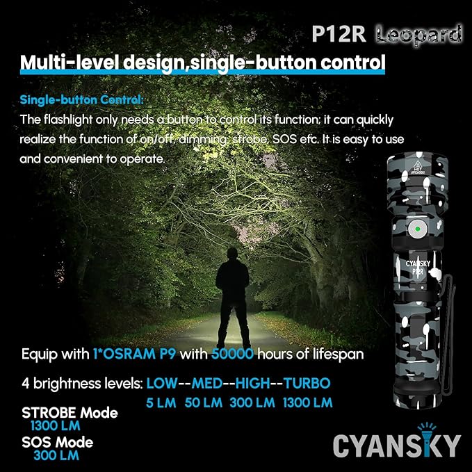 CYANSKY Rechargeable Flashlight,Super Bright,Flashlights High Lumens, Small EDC Flashlights for Emergencies,IP68 Waterproof Flash Light for Camping,Hiking,Outdoor,Home (Leopard)