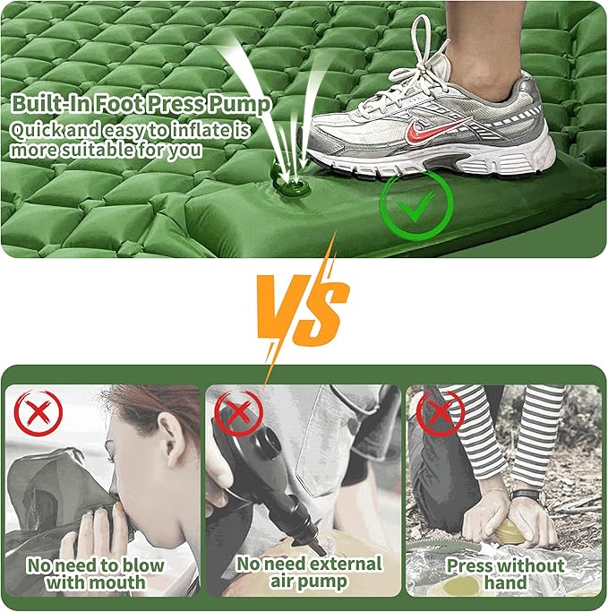 Double Sleeping Pad for Camping, 2 Person Ultralight Inflatable Sleeping Mat with Pillow and Built-in Foot Pump, Portable Camping Mattress for Tent, Backpacking, Hiking, Traveling