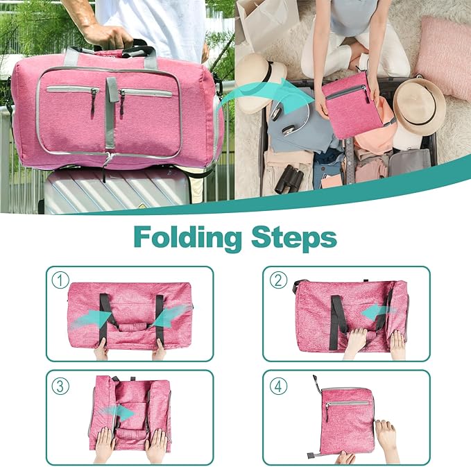 Dimayar 40L Travel Duffle Bag for Men Women - Foldable Duffel Bag with Shoes Compartment - Overnight Bags Waterproof & Tear Resistant(Pink)