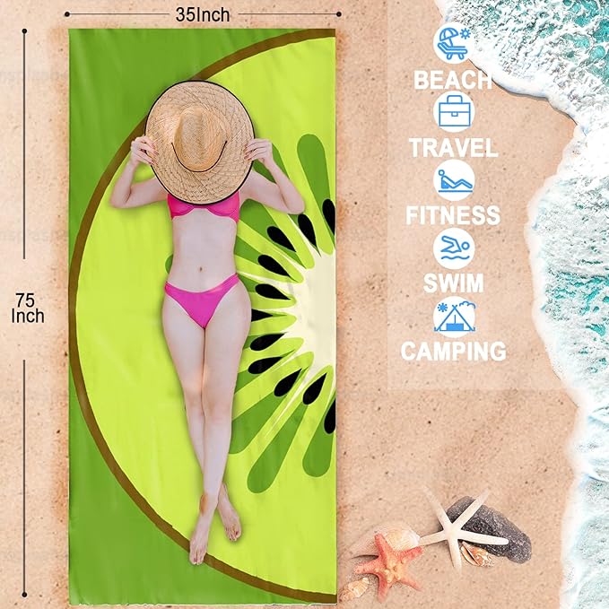 Bnuitland Green Kiwi Beach Towel (35X75 inches), Oversized Absorbent Quick Drying Sand Free, Cute Fruit Towels for Travel Swimming Pool Picnic, 90% Polyester and 10% Polyamide