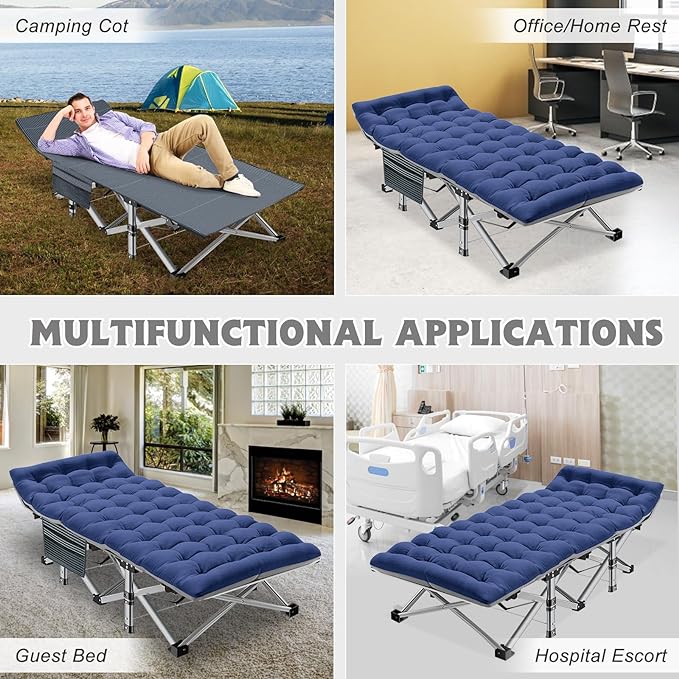 ABORON Folding Camping Cot W/Mat for Adults, Heavy Duty Outdoor Bed with Carry Bag,1200 D Layer Oxford Travel Camp Cots