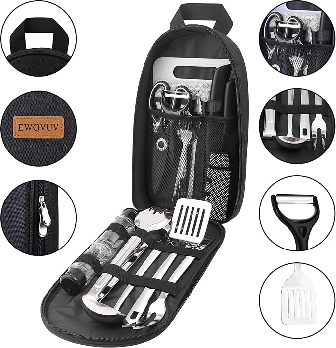Camping Cooking Utensils Set- Camping Essentials Cookware Accessories Gear Must Haves Camper Tent Camp Kitchen Rv Gadgets Outdoor Stove Portable Picnic Gifts for Women BBQ Stuff