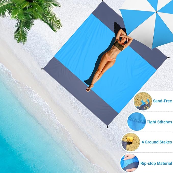 BYDOLL Beach Blanket Waterproof Sandproof 78''×81'' 1-7 Adults Oversized Lightweight Large Picnic Mat Waterproof Sandproof Blanket for Beach