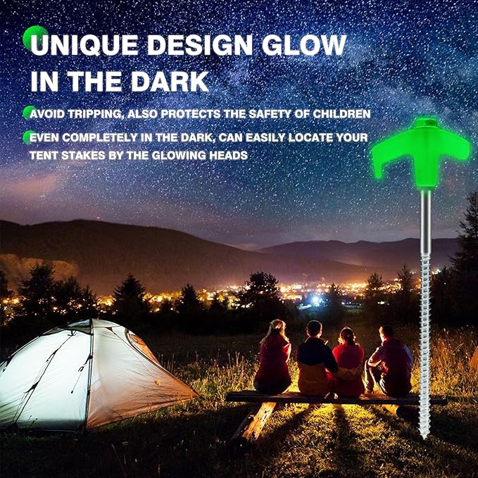 16 Pcs 8" Heavy Duty Metal Threaded Tent Stakes Tent Pegs Ground Stakes Glow in The Dark Drill in Style Ground Anchors Screw in for Yard Camping Garden Canopies Grassland (Hex Tool and Carry Case)