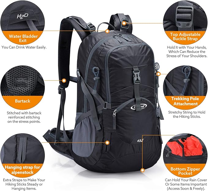 G4Free 45L Hiking Travel Backpack Waterproof with Rain Cover, Outdoor Camping Daypack for Men Women