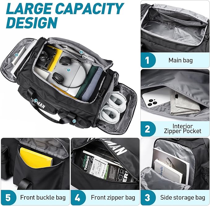 Duffle Backpack Bag with Shoe Compartment, 3 in 1 Weekend Duffel Gym Backpack for Men Waterproof Lightweight Sports Bags for Travel (Black)