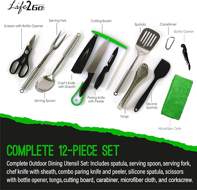 Camp Cooking Utensil Set & Outdoor Kitchen Gear Cookware Kit, Portable Compact Carry Case for Camping, Hiking, Travel, BBQ Grilling Stainless Steel Accessories Spoon & Fork