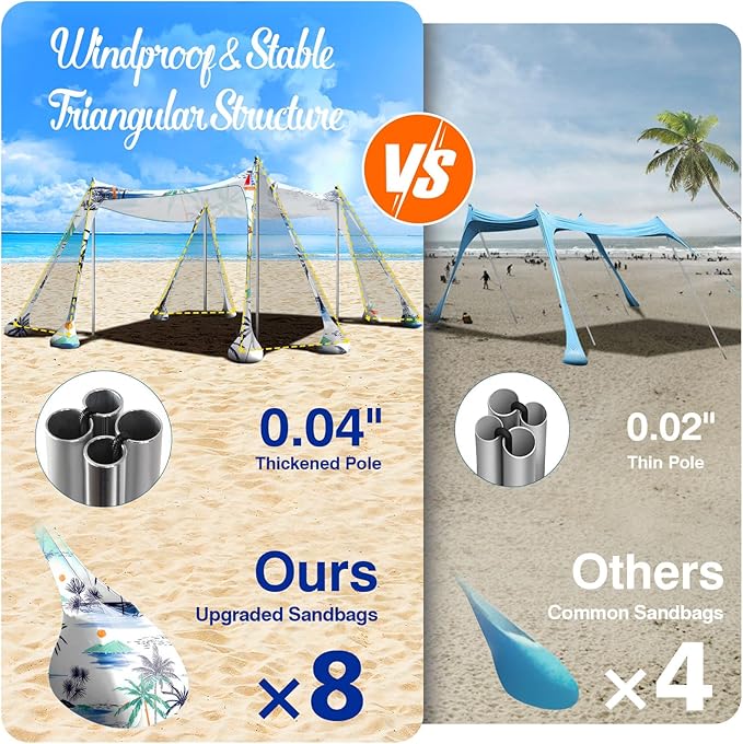 Rhino Valley Beach Tent Sun Shelter, Beach Canopy Tent Sun Shade UPF50+ Protection with 8 Sandbags 4 Stability Poles, Outdoor Beach Shade Canopy for Beach, Camping, Fishing
