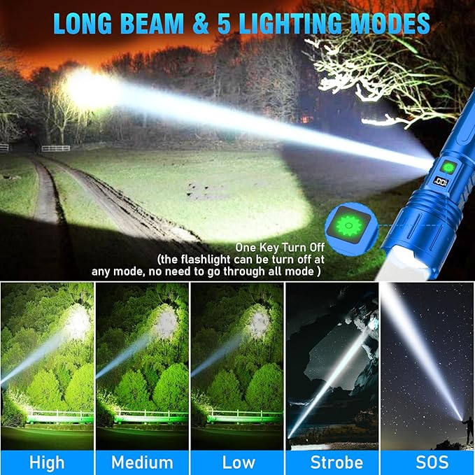 Flashlights 20000 High Lumens Rechargeable - 1500 Meters Long Beam Super Bright LED Flash Light with Power Display & IPX5 Waterproof for Camping, 20H Runtime,5 Modes,Zoomable Handheld Flashlight-Blue