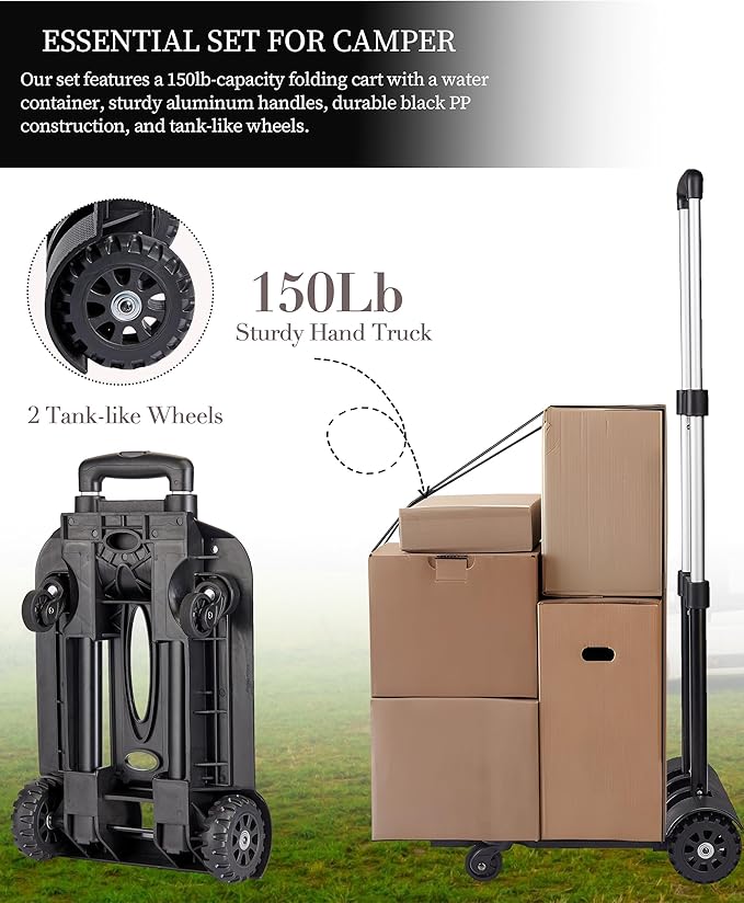 5 Gallon Water Jug and 150 lb Multifunctional Folding Hand Cart,Black Hand Truck,BPA Free Thickened Water Storage, Portable Luggage Cart with 2 Tank Wheels + 2 Swivel Wheels,Essential Camping Hiking