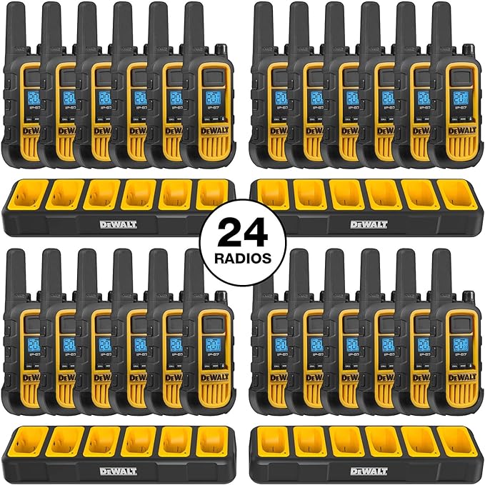 DEWALT DXFRS800 2 Watt Heavy Duty Walkie Talkies - Waterproof, Shock Resistant, Long Range & Rechargeable Two-Way Radio with VOX (24 Pack w/ 4X Gang Chargers) (4DXFRS800-BCH6)