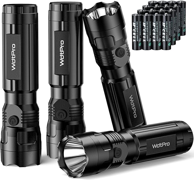 WdtPro 4 Pack LED Flashlights, Bright Flashlight with 16 AAA Batteries, Super Long Battery Life, Single Mode, High Lumens, EDC Flash Lights for Emergencies, Hurricane Supplies, Camping