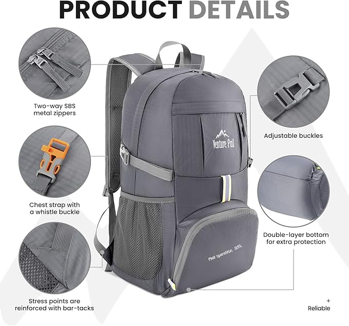 Venture Pal 35L Ultralight Lightweight Packable Foldable Travel Camping Hiking Outdoor Sports Backpack Daypack