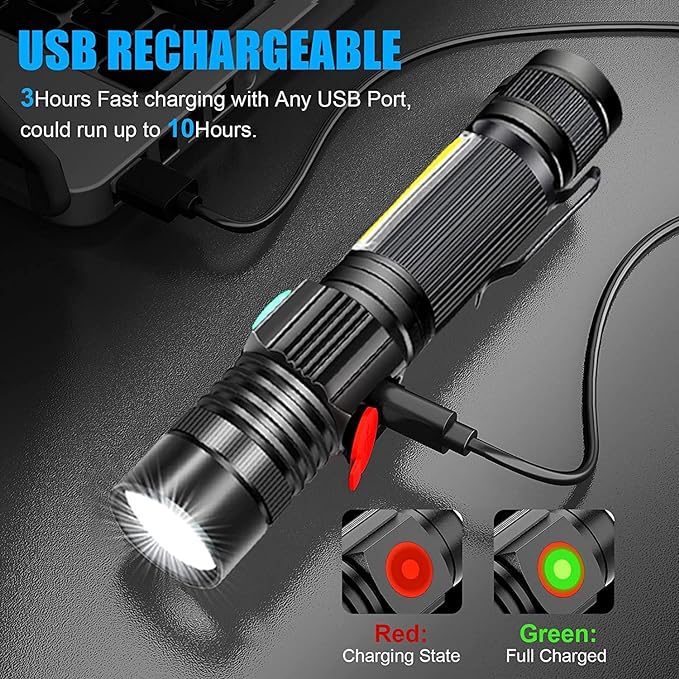 USB Rechargeable Flashlight, Magnetic LED Flashlight, 2000 Lumen Super Bright LED Tactical Flashlight with Cob Worklight,Waterproof,Zoomable Small LED Flashlight for Camping, Flashlight with Holsters