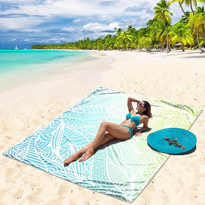 Beach Blanket Waterproof Sandproof Beach Mat 79βx 83β for 1-4 Adults Quick Drying Durable Outdoor Picnic Mat for Beach Festival Travel Camping Hiking (Gradiant BL&GN-Ripple, 79"Γ83"(4 Person))