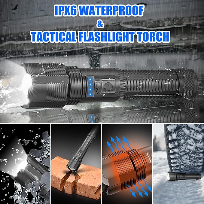 Rechargeable LED Flashlights,3500 High Lmens Super Bright LED Tactical Flashlight with Power Display,IPX6 Waterpoof,Zoomable 5 Modes,Powerful Handheld Flashlight for Camping 2 Pack