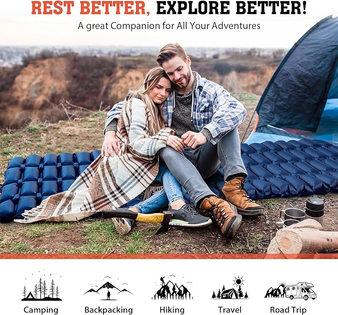 Hikenture Double Sleeping Pad,Ultralight Camping Mattress 2 Person,Backpacking Pad with Pump Sack,Inflatable Air Mat for Tent(1037-B2) (Dark Blue, 72" L x 28" W)