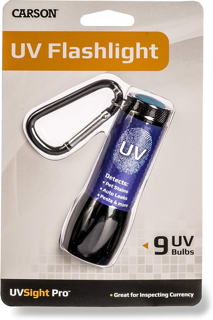 Carson UVSight PRO UV Flashlight with 9 Ultra Violet LED Bulbs and Carabiner Clip - Great for Detecting Pet Stains, Auto Leaks, Currency, Scorpions, Resin Curing & More (SL-44), Blue, XX-Large