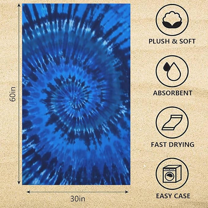Microfiber Beach Towel Blue Tie Dye Oversized Large Sand Free & Quick Dry Lightweight Towel for Adults Womens Mens Travel Camping Gym Pool Swim