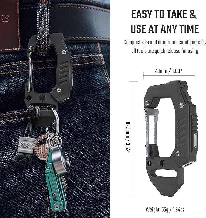 KeyUnity KF02 Titanium Multitool Carabiner Clip, 7 in 1 Multifunctional Keychain Flashlight for Camping, Hiking & Outdoor Activities