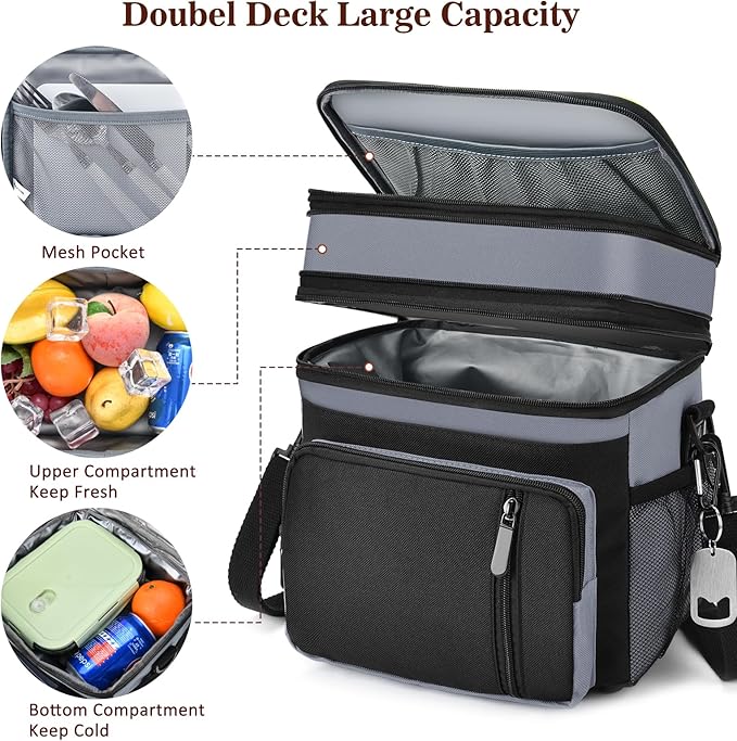 Lunch Box & Lunch Bag for Men Women, Large Insulated Adult Lunch Box, Leakproof Cooler Lunchbox with Bottle Opener for Work Picnic Beach, 16L, Gray