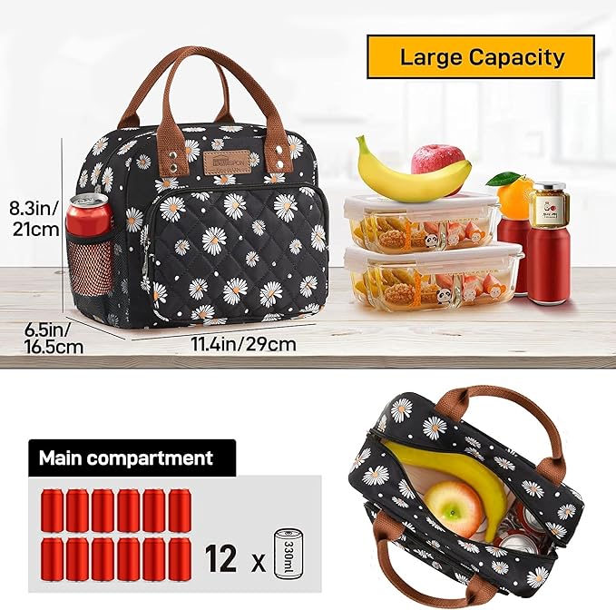 Buringer HOMESPON Lunch Bag for Woman Man Adults with Front Pocket Insulated Lunch Tote Lunch Box Container for Work Picnic or Travel(Daisy with Side Pockets)
