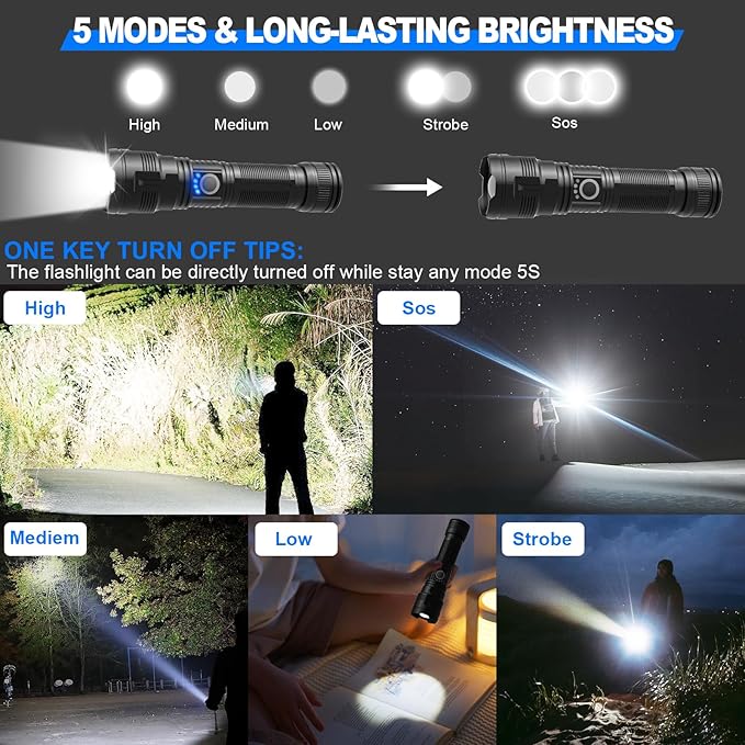 DanByte Flashlights High Lumens Rechargeable with Storge Bag- 100,000 Lumens Super Bright LED Rechargeable Tactical Flashlight,Powerful Flash Light Small Flashlight with 5 Modes for Emergency,Camping