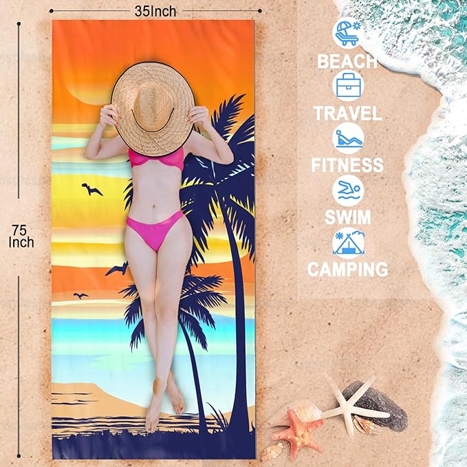 Bnuitland Coconut Tree Pattern Beach Towel (35X75 inches), Oversized Quick Drying Absorbent Sand Free, Cute Towels for Travel Swimming Pool Picnic, 88% Polyester and 12% Polyamide,Orange