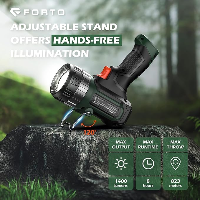 FORTO Compact Rechargeable Spotlight with Adjustable Focus, Handheld Spotlight with Stand, 823m Range, 3 Light Modes and LED Spot Lights Outdoor for Boating Hunting Camping Hiking,1400 Lumens