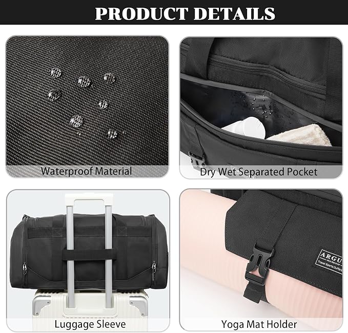 Gym Bags For Men & Women With Shoes Compartment And Wet Pocket, Sports Duffle Bag, Workout Bags For Gym Swimming Yoga,Waterproof Weekend Overnight Carry On Bag A-TG-001-Black