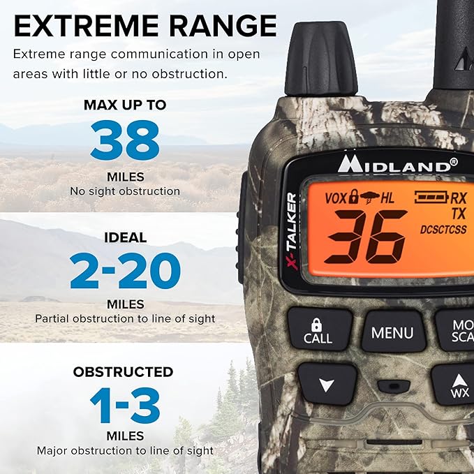 Midland® - T75VP3 - 36 Channel FRS Two-Way Radio - Long Range Walkie Talkie, 121 Privacy Codes, & NOAA Weather Scan + Alert - Mossy Oak Camo - Set of 2