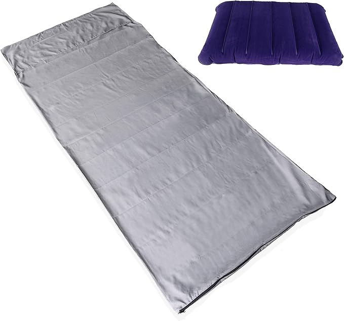 Sleeping Bag Liner, Blue Microfiber Adult Sleep Sack Travel Sheet with Zipper for Camping or Traveling Complete with a Carry Bag and Inflatable Pillow