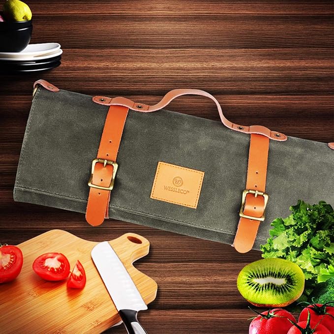 FIREDOG Wessleco Chef Knife Roll Bag (10 Pockets), Waxed Canvas Knife Carrying Case Storage with Handle & Shoulder Strap, Zipper Pouch for Culinary Tools (Knives Not Included)
