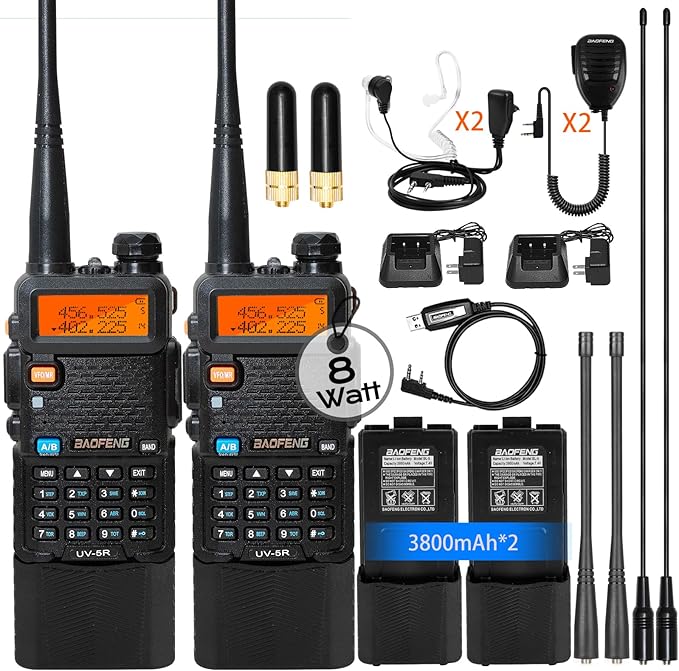 BAOFENG UV-5R 8W Ham Radio Handheld Long Range with 3800mAh Type-C Charging Port Battery, UV5R Rechargeable Handheld Walkie Talkie, Dual Band Two Way Radio for Adults (2 Pack)