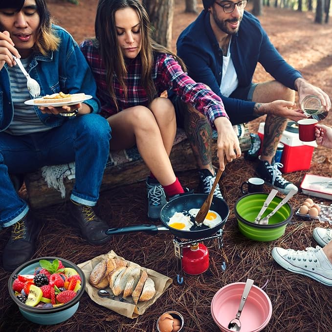 4 Set Camping Bowl with Lid Collapsible Silicone Bowl with Foldable Stainless Steel Fork Salad Bowl Portable Folding Fork Set for Travel Picnic Camping Utensils