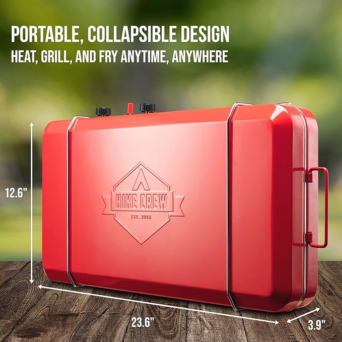 Hike Crew 2-in-1 Gas Camping Stove | Portable Propane Grill/Stove Burner w/Integrated Igniter & Stainless Steel Drip Tray | Built-in Carrying Handle, Foldable Legs & Wind Panels | Includes Regulator